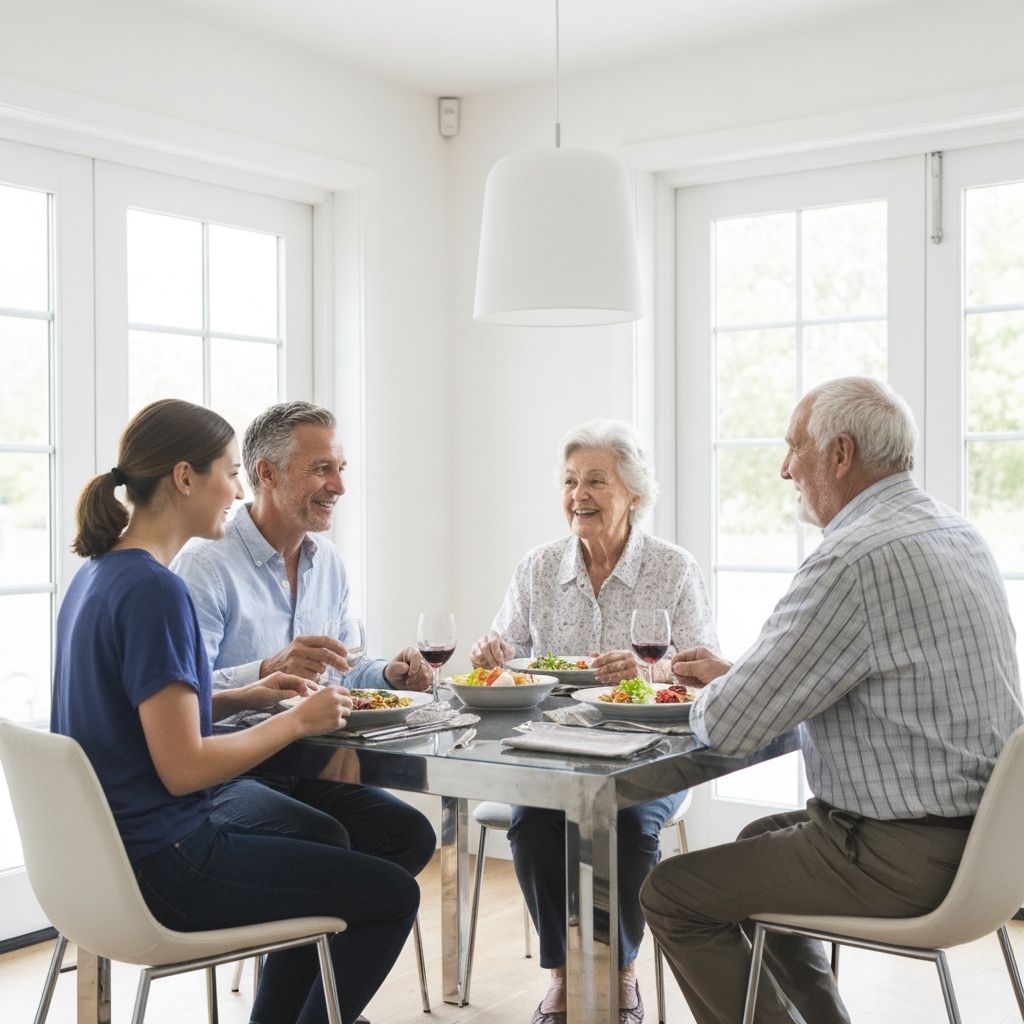 Intergenerational group of housemates sharing a meal around a dining table in a bright modern kitchen