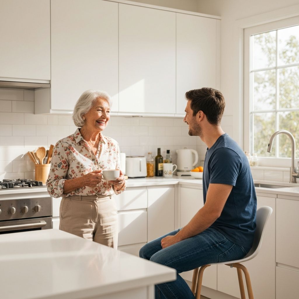 Older woman and younger man having coffee together in a bright modern kitchen, intergenerational companionship